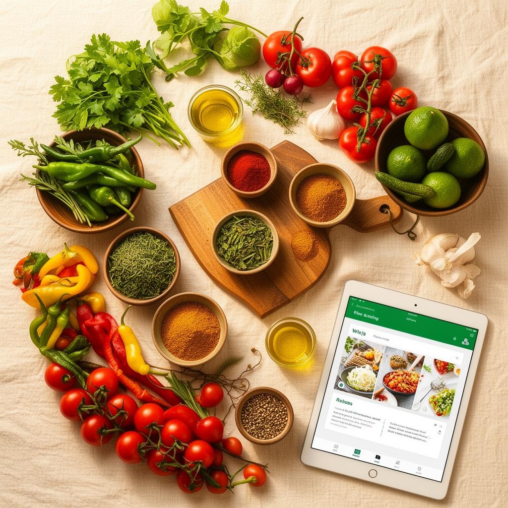 A vibrant global kitchen spread with fresh vegetables, herbs, spices, and a tablet displaying Smart Chef recipes